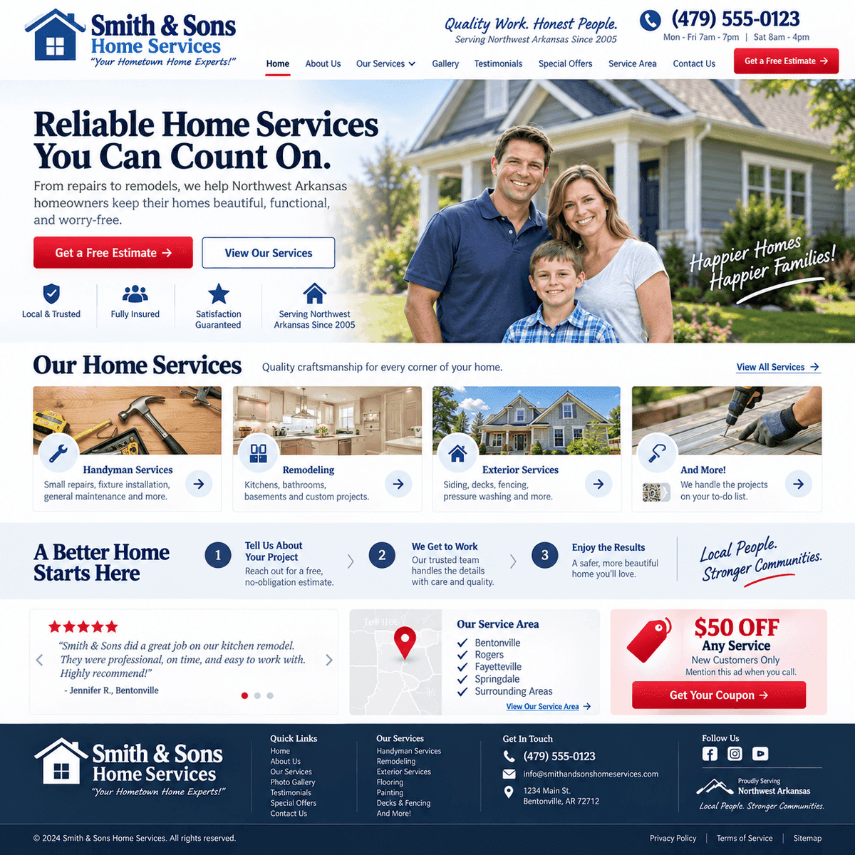 A dated website for an invented local home services company: a cramped header, a stock family photograph, small type and a coupon box.